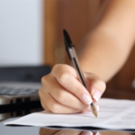 A hand writes on paper using a pen