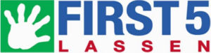 First 5 Lassen logo featuring a green handprint ad the words "First 5 Lassen"