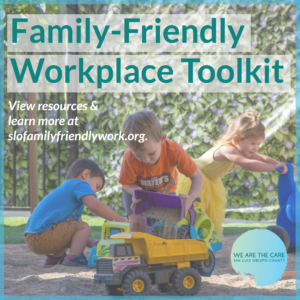 Children playing on a playground and text advertising the new "Family-Friendly Workplace Toolkit"